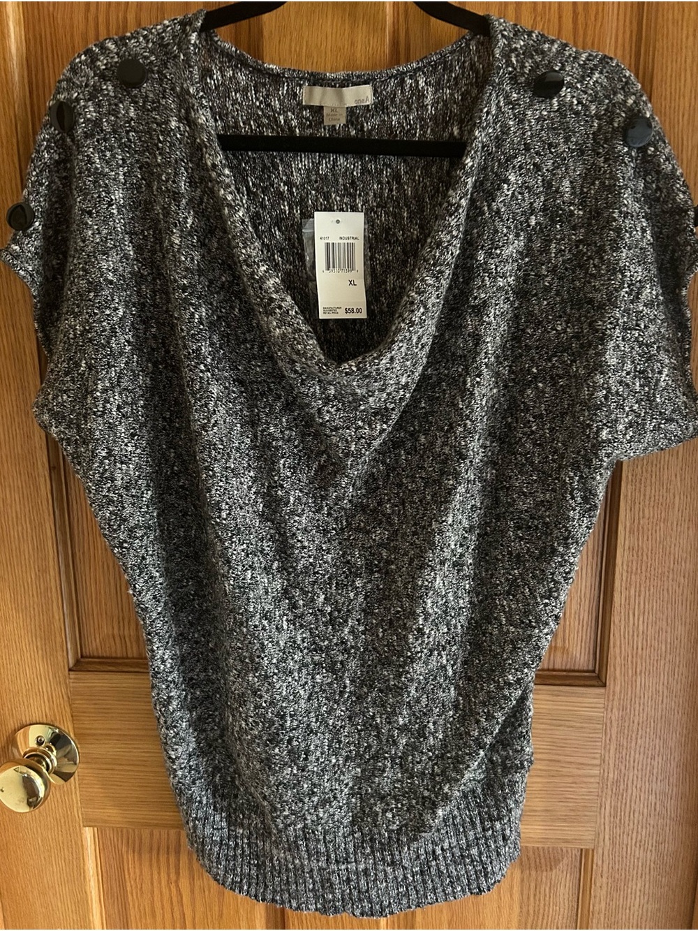 Gray Marled Cowl Neck Short-Sleeve Sweater with Shoulder Buttons NWT